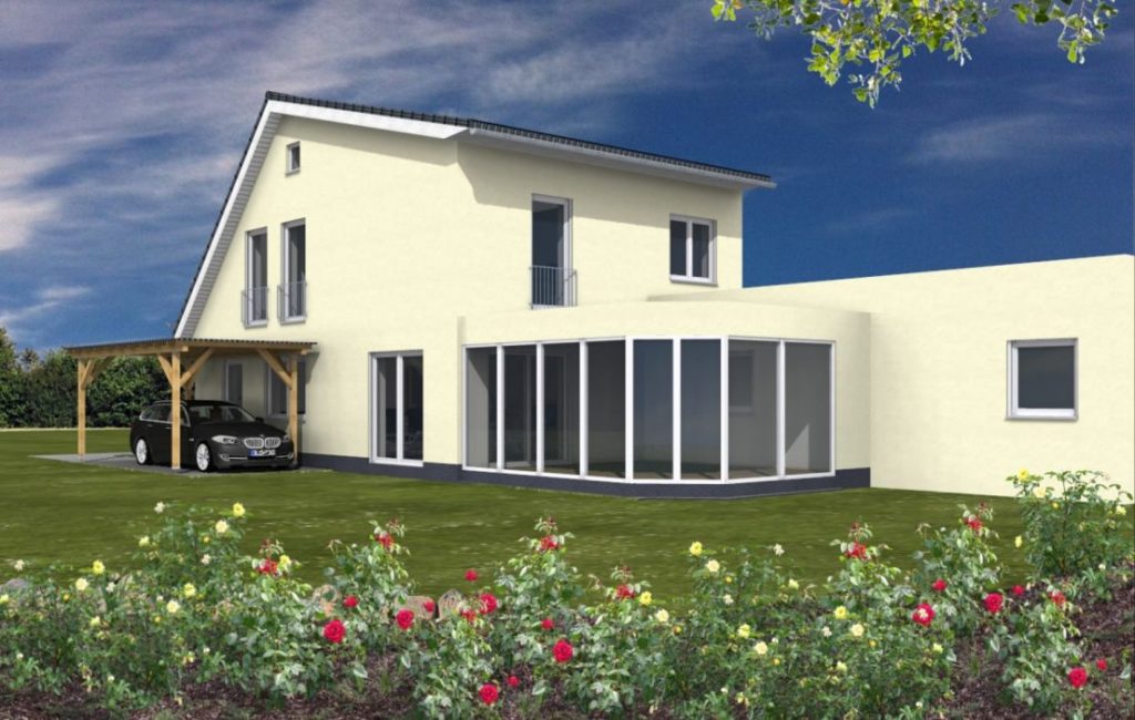 KI erstelltes Bild von Grundstück mit großes Haus, Carport und Garten